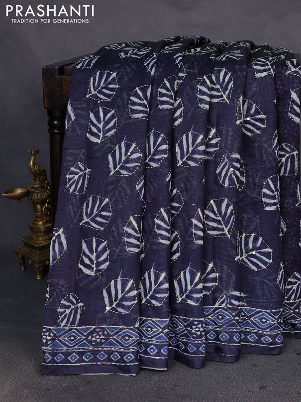 Semi linen saree navy blue with allover leaf prints & kantha stitch work