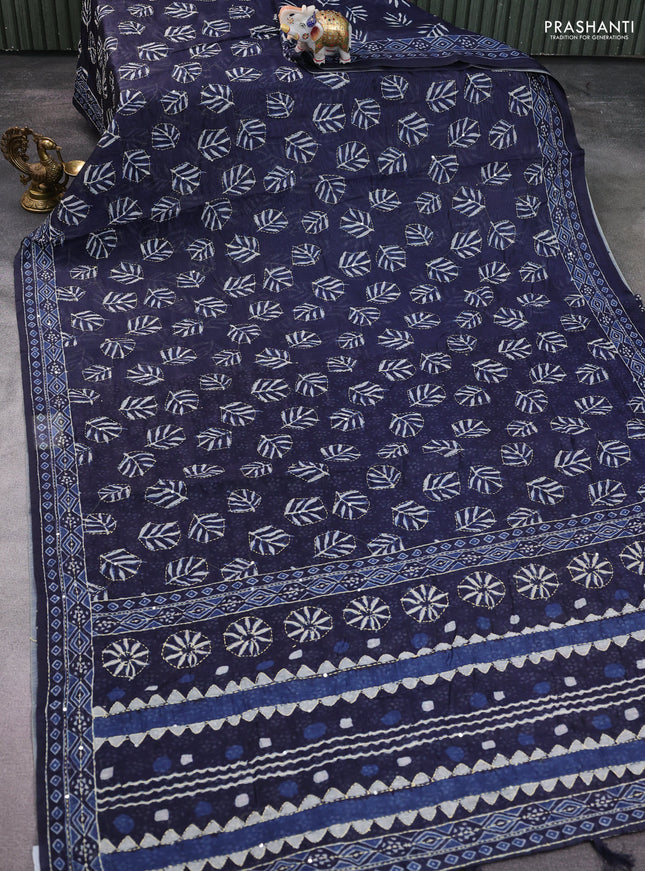 Semi linen saree navy blue with allover leaf prints & kantha stitch work