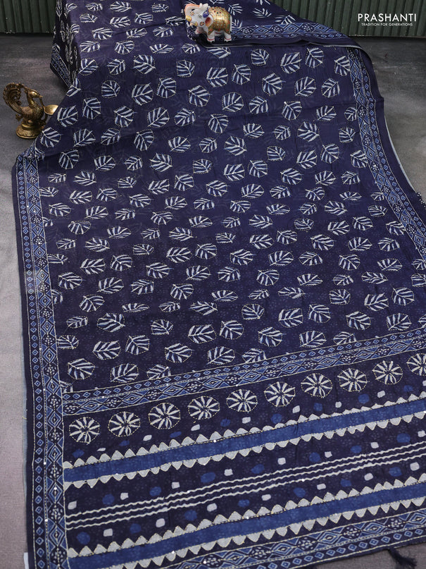 Semi linen saree navy blue with allover leaf prints & kantha stitch work