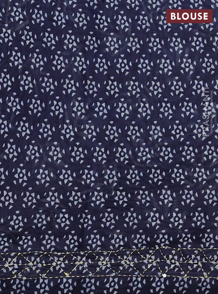 Semi linen saree navy blue with allover leaf prints & kantha stitch work