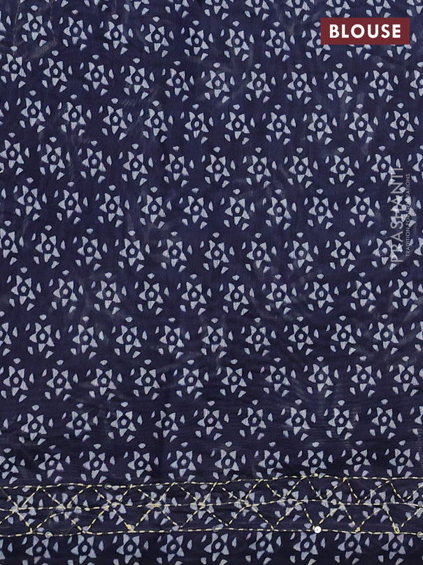 Semi linen saree navy blue with allover leaf prints & kantha stitch work