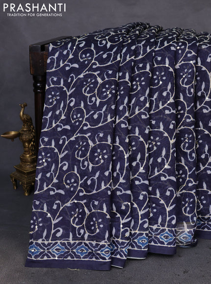Semi linen saree navy blue with allover prints & kantha stitch work