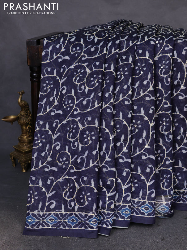 Semi linen saree navy blue with allover prints & kantha stitch work