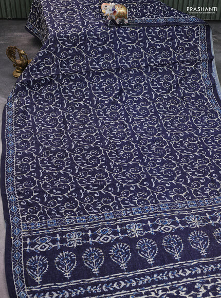 Semi linen saree navy blue with allover prints & kantha stitch work