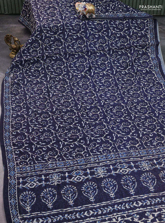Semi linen saree navy blue with allover prints & kantha stitch work