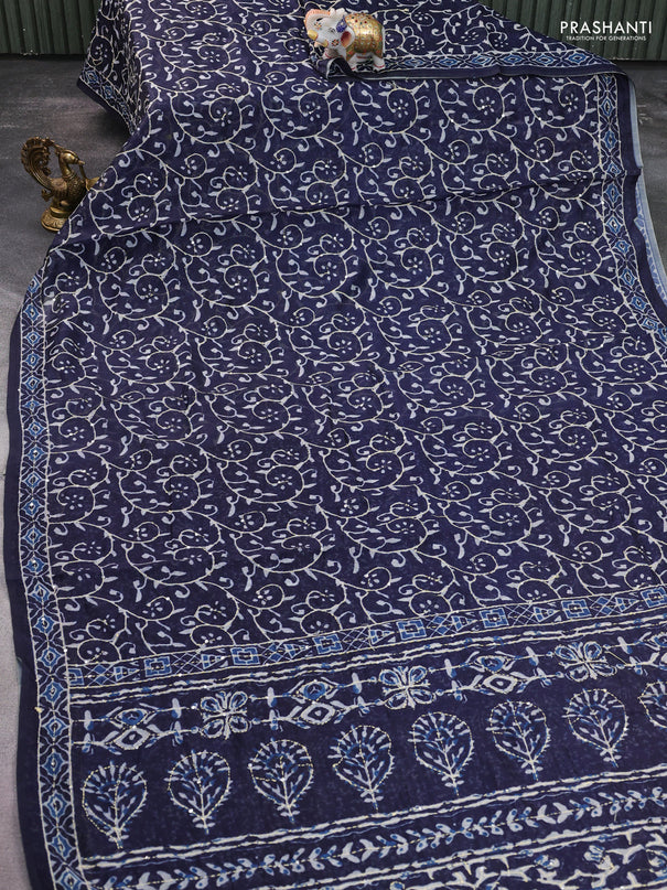 Semi linen saree navy blue with allover prints & kantha stitch work