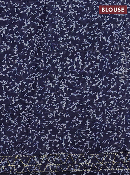 Semi linen saree navy blue with allover prints & kantha stitch work