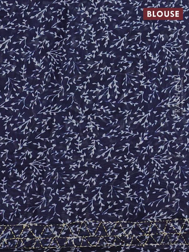 Semi linen saree navy blue with allover prints & kantha stitch work