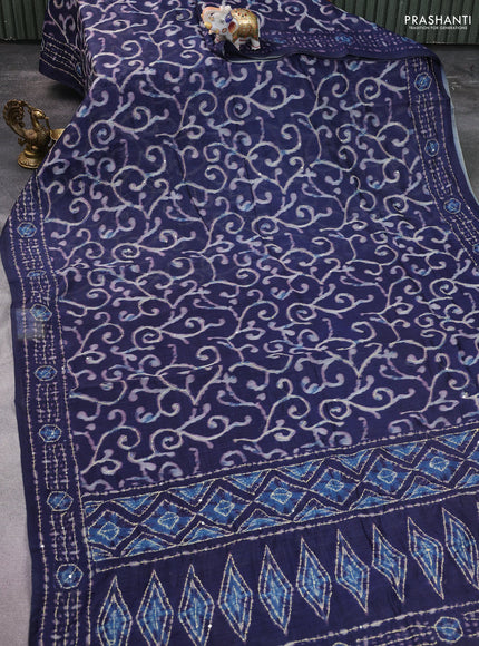Semi linen saree dark blue with allover prints & kantha stitch work