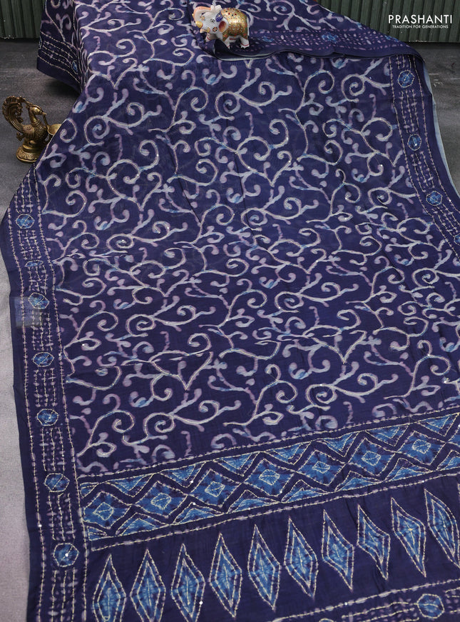 Semi linen saree dark blue with allover prints & kantha stitch work