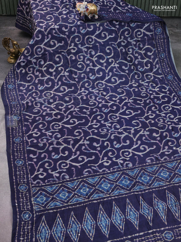 Semi linen saree dark blue with allover prints & kantha stitch work