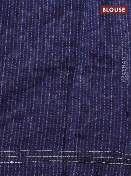 Semi linen saree dark blue with allover prints & kantha stitch work