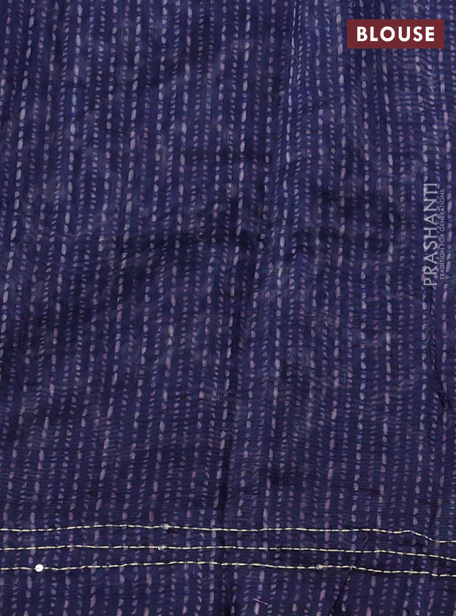 Semi linen saree dark blue with allover prints & kantha stitch work