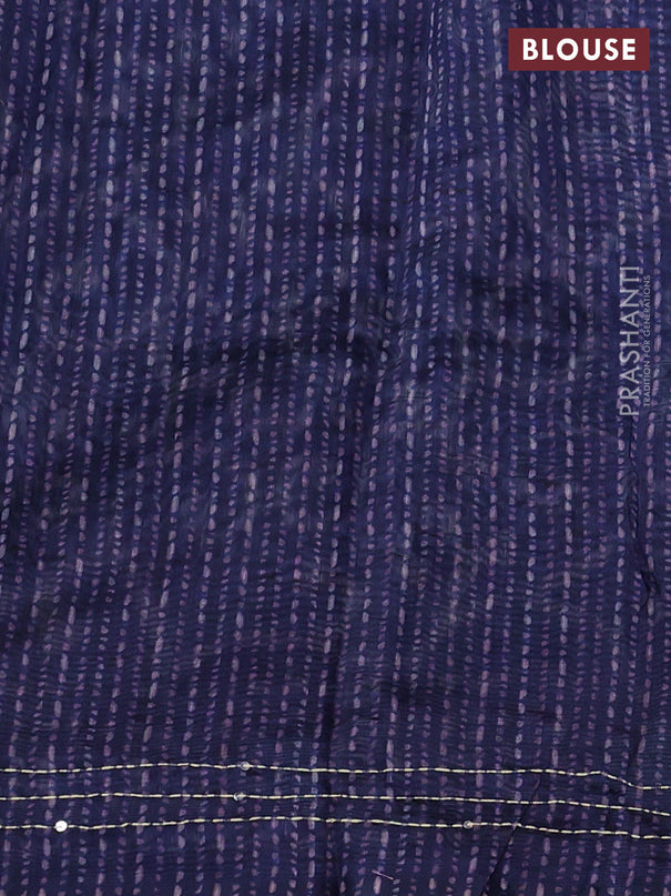 Semi linen saree dark blue with allover prints & kantha stitch work