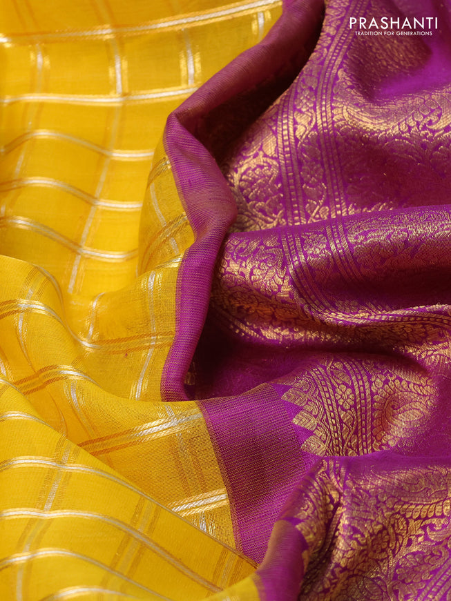 Kora kanchipuram silk saree mustard yellow and purple with silver & gold zari woven buttas and long zari woven border