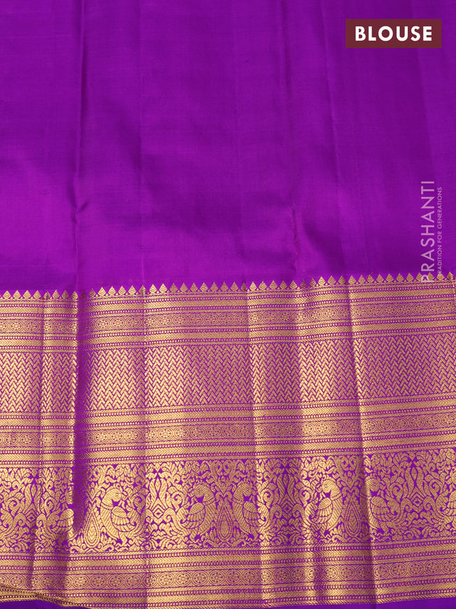 Kora kanchipuram silk saree mustard yellow and purple with silver & gold zari woven buttas and long zari woven border
