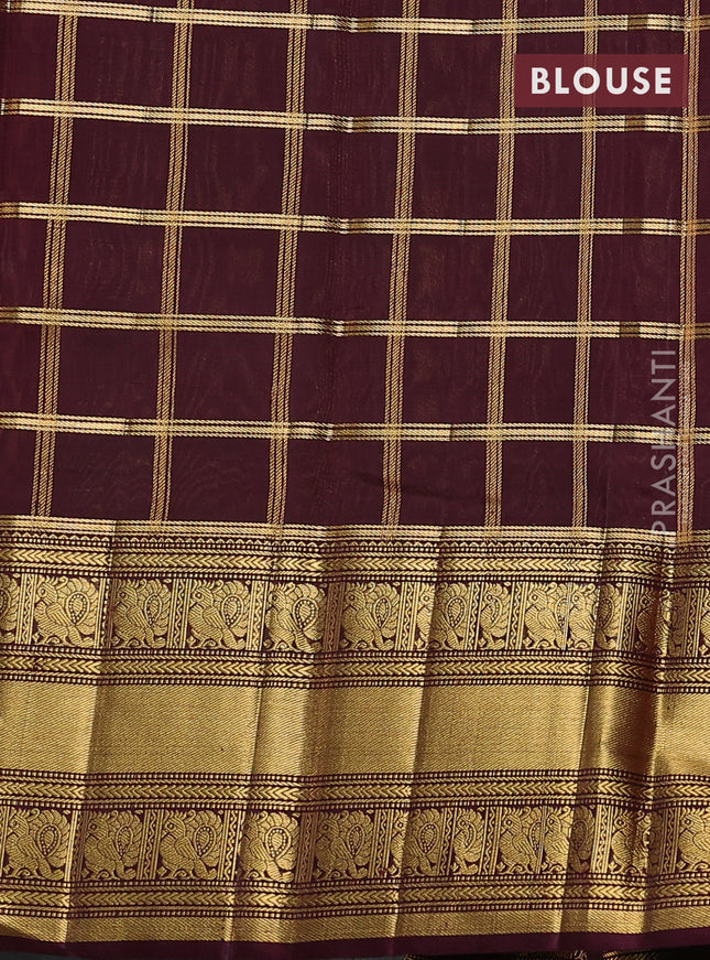 Kora kanchipuram silk saree orange and coffee brown with allover zari checks & buttas and long zari woven border