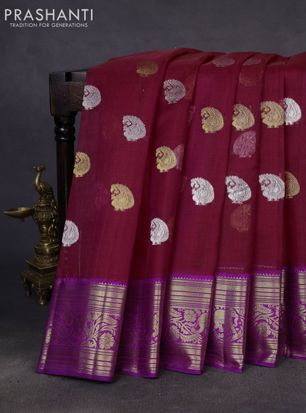 Kora kanchipuram silk saree maroon and violet with silver & gold zari woven buttas and zari woven border