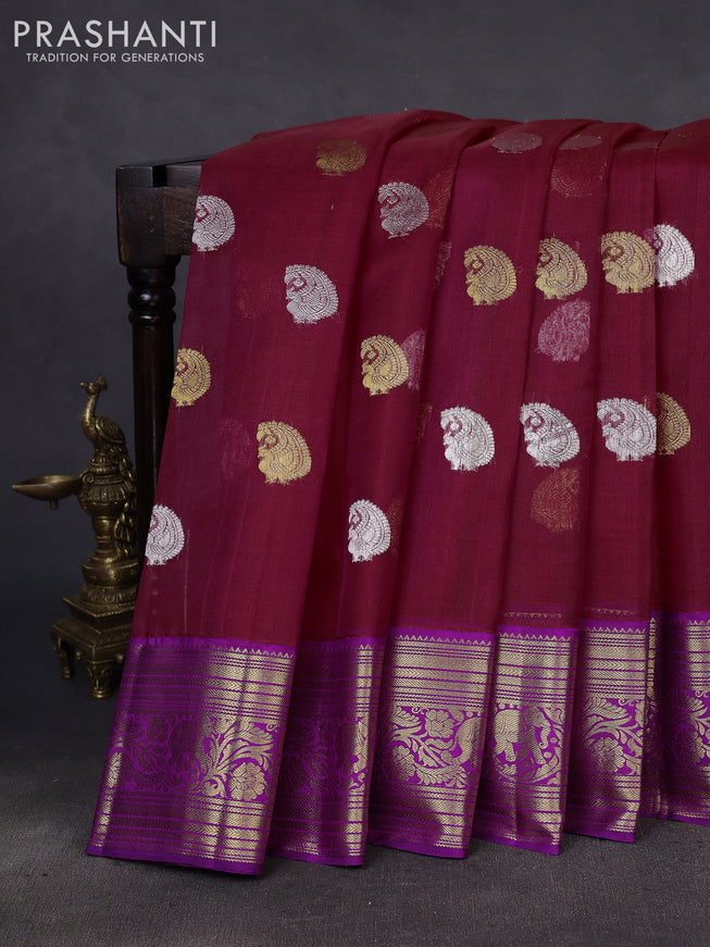 Kora kanchipuram silk saree maroon and violet with silver & gold zari woven buttas and zari woven border