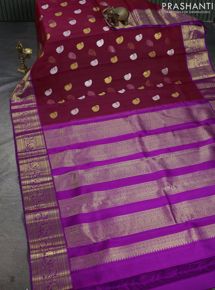 Kora kanchipuram silk saree maroon and violet with silver & gold zari woven buttas and zari woven border