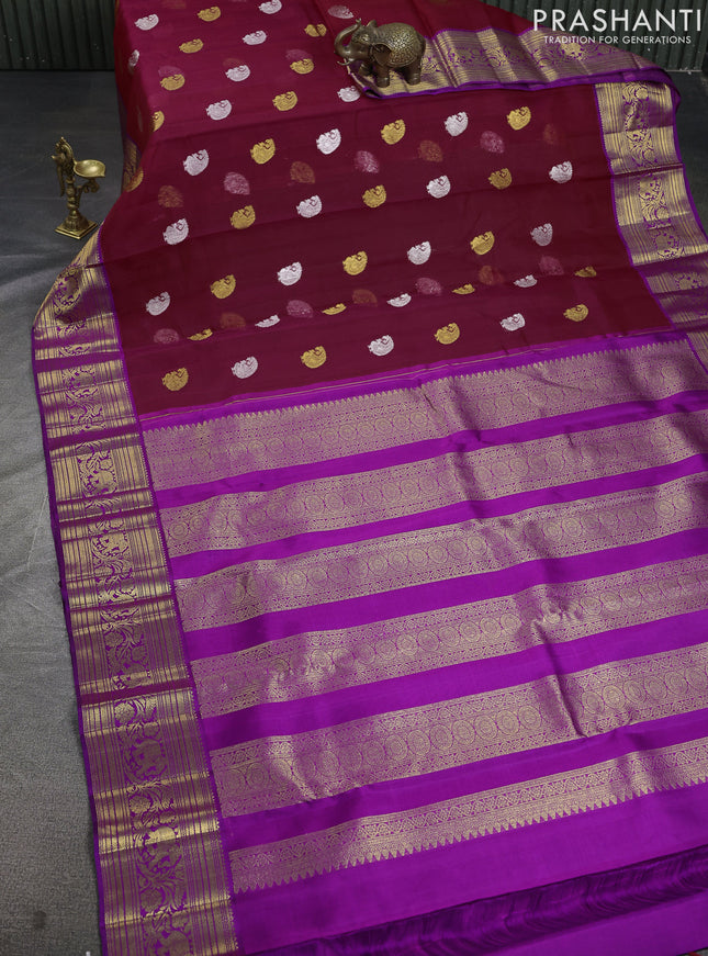 Kora kanchipuram silk saree maroon and violet with silver & gold zari woven buttas and zari woven border