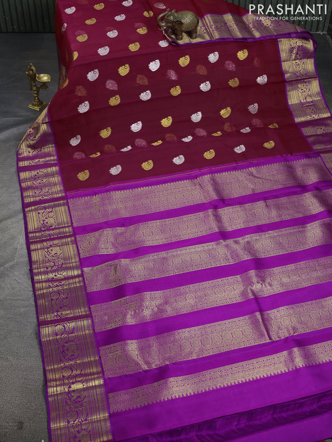 Kora kanchipuram silk saree maroon and violet with silver & gold zari woven buttas and zari woven border
