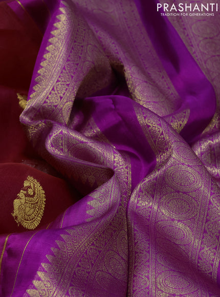 Kora kanchipuram silk saree maroon and violet with silver & gold zari woven buttas and zari woven border