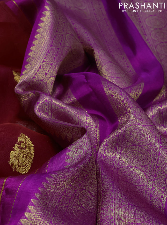 Kora kanchipuram silk saree maroon and violet with silver & gold zari woven buttas and zari woven border