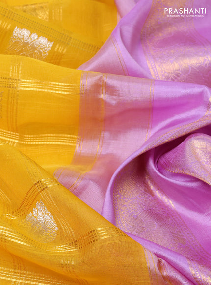Kora kanchipuram silk saree mustard yellow and lavender with allover zari checks & buttas and zari woven border