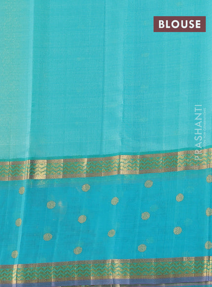 Kora kanchipuram silk saree pale yellow and teal blue with allover zari stripes pattern and zari woven butta border