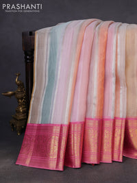 Kora kanchipuram silk saree multi colour and peach pink with allover silver zari stripes pattern and zari woven border