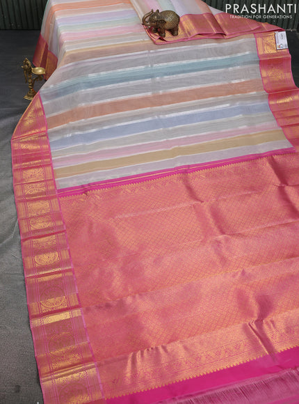 Kora kanchipuram silk saree multi colour and peach pink with allover silver zari stripes pattern and zari woven border