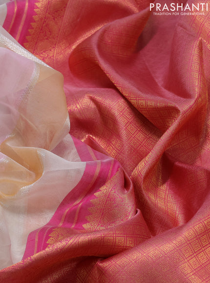 Kora kanchipuram silk saree multi colour and peach pink with allover silver zari stripes pattern and zari woven border