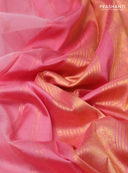 Kora kanchipuram silk saree mild peach pink and peach pink with silver & gold zari woven buttas and long zari woven border