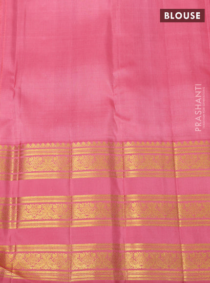 Kora kanchipuram silk saree mild peach pink and peach pink with silver & gold zari woven buttas and long zari woven border