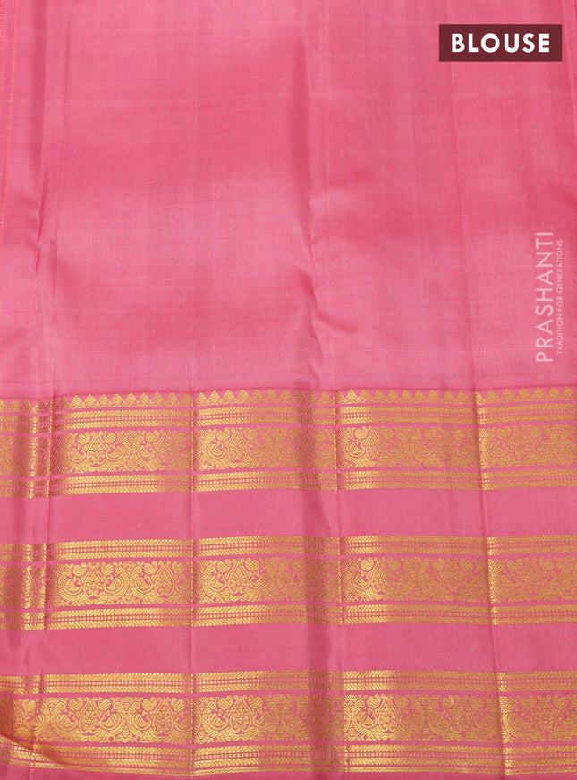 Kora kanchipuram silk saree mild peach pink and peach pink with silver & gold zari woven buttas and long zari woven border