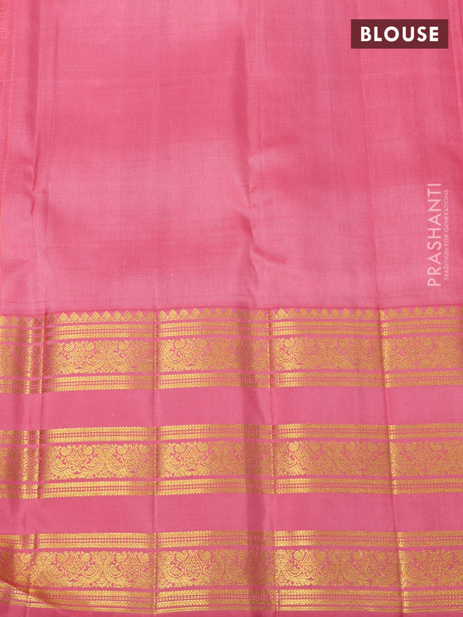 Kora kanchipuram silk saree mild peach pink and peach pink with silver & gold zari woven buttas and long zari woven border