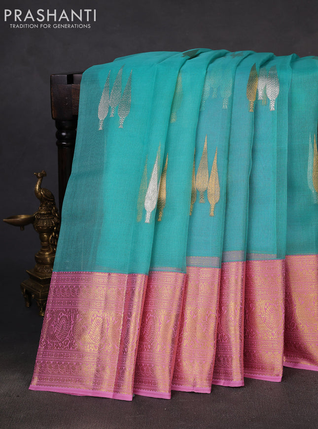 Kora kanchipuram silk saree teal blue and pastel pink with silver & gold zari woven buttas and zari woven border