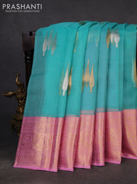 Kora kanchipuram silk saree teal blue and pastel pink with silver & gold zari woven buttas and zari woven border