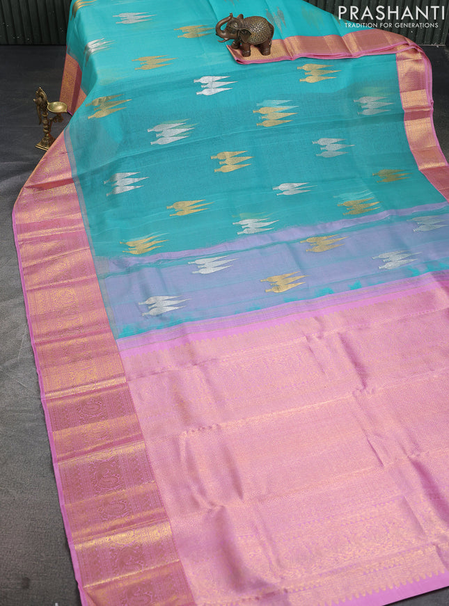 Kora kanchipuram silk saree teal blue and pastel pink with silver & gold zari woven buttas and zari woven border