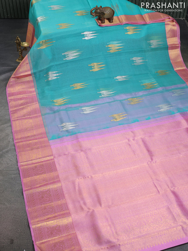 Kora kanchipuram silk saree teal blue and pastel pink with silver & gold zari woven buttas and zari woven border