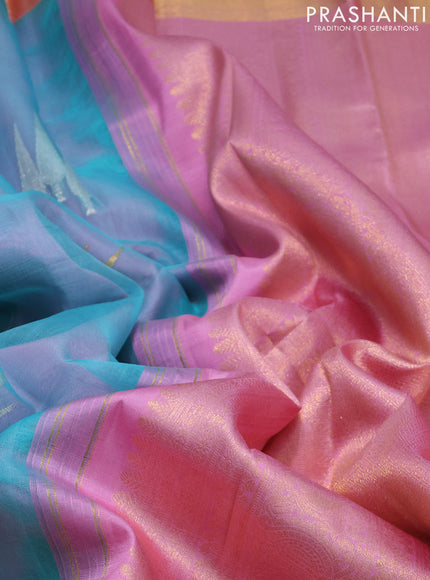 Kora kanchipuram silk saree teal blue and pastel pink with silver & gold zari woven buttas and zari woven border