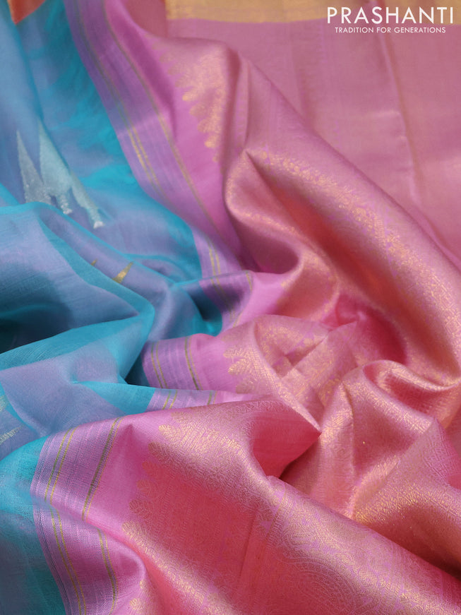 Kora kanchipuram silk saree teal blue and pastel pink with silver & gold zari woven buttas and zari woven border
