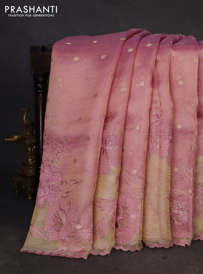 Pure tissue silk saree light pink with allover zari woven buttas and floral embroidery applique border