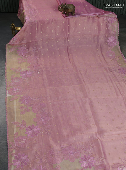 Pure tissue silk saree light pink with allover zari woven buttas and floral embroidery applique border
