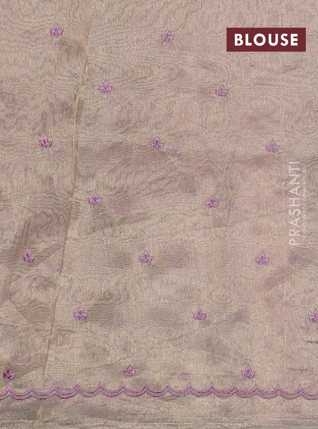 Pure tissue silk saree light pink with allover zari woven buttas and floral embroidery applique border
