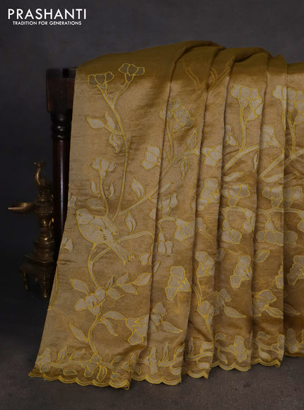 Pure tissue silk saree mustard yellow with applique work and scallop border