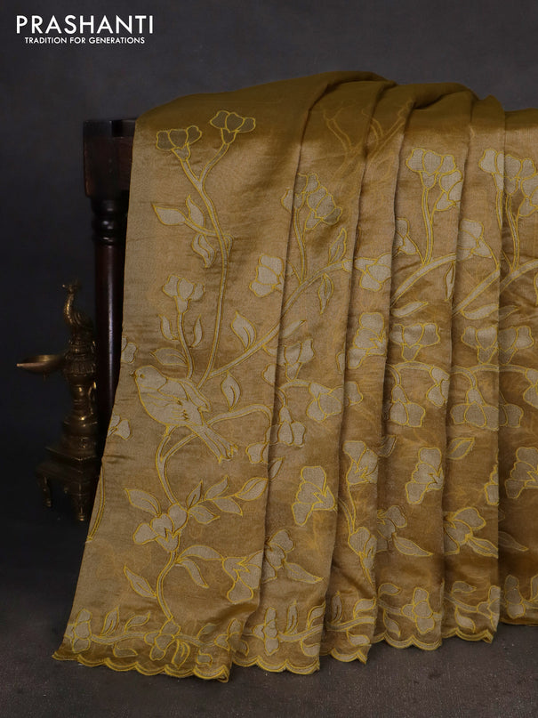 Pure tissue silk saree mustard yellow with applique work and scallop border