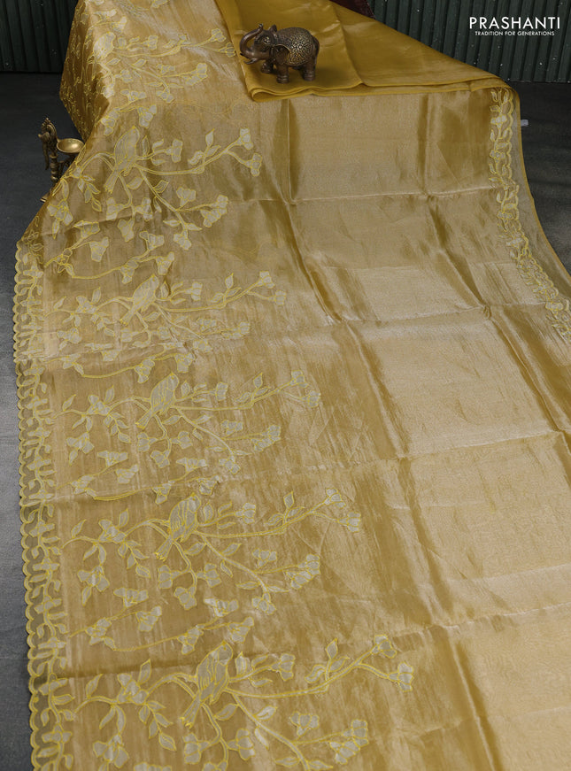 Pure tissue silk saree mustard yellow with applique work and scallop border