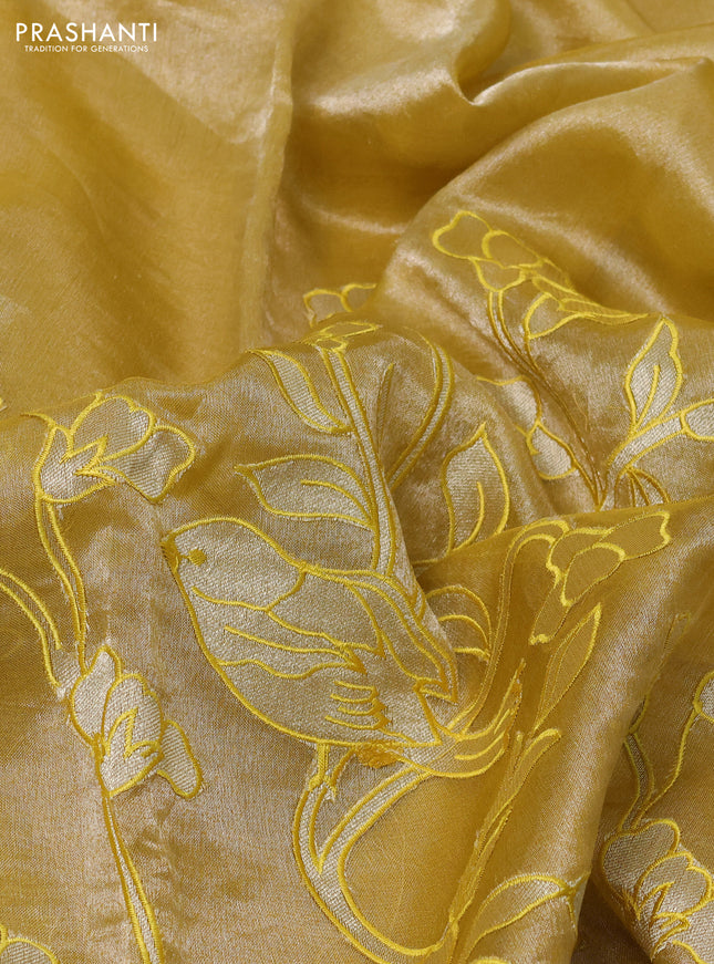 Pure tissue silk saree mustard yellow with applique work and scallop border